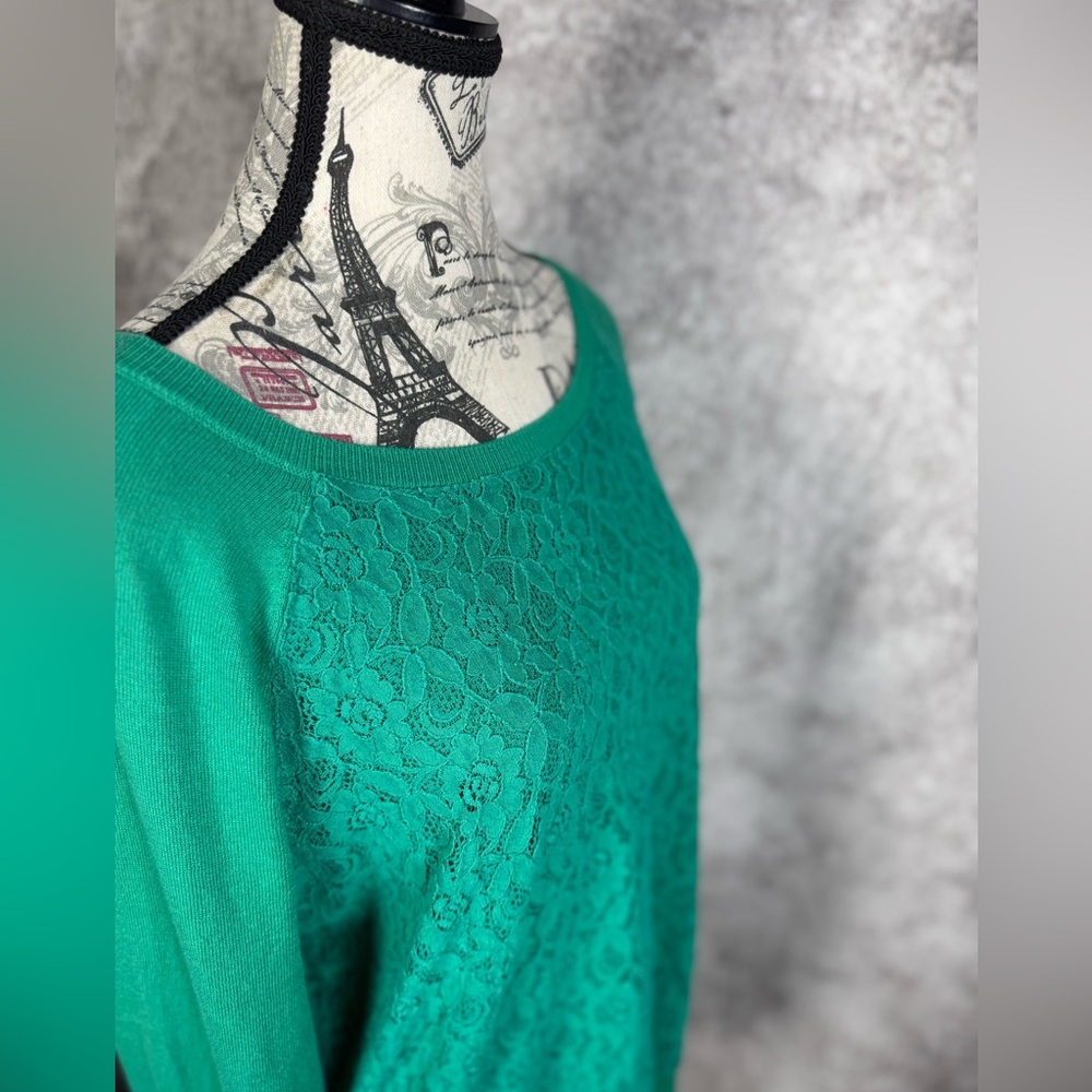 LOFT Vibrant Green Cotton w/Lace Overlay Knit Top Size L - Picture 4 of 9